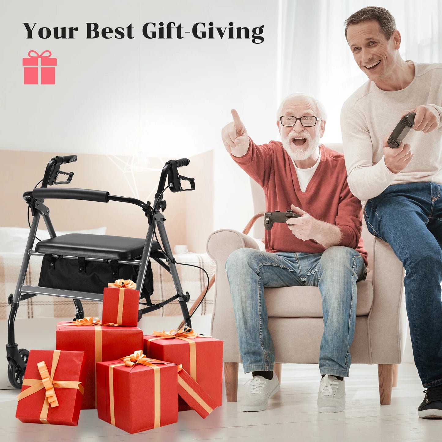 Rolling Walkers for Seniors, Foldable Rollator Walker with Seat and 6 Inch Wheels, Gift for Seniors, 300 Lb Capacity, Aluminum Frame, Gray