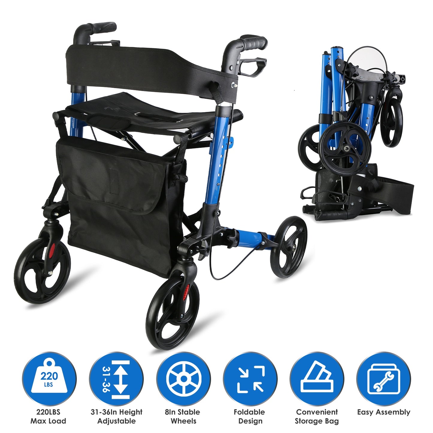 1Pc Aluminum Rollator Walker with Seat Backrest Foldable Rolling Walker with 220LBS Max Load 31-36In Adjustable Height 8In Wheels for Seniors Mobility