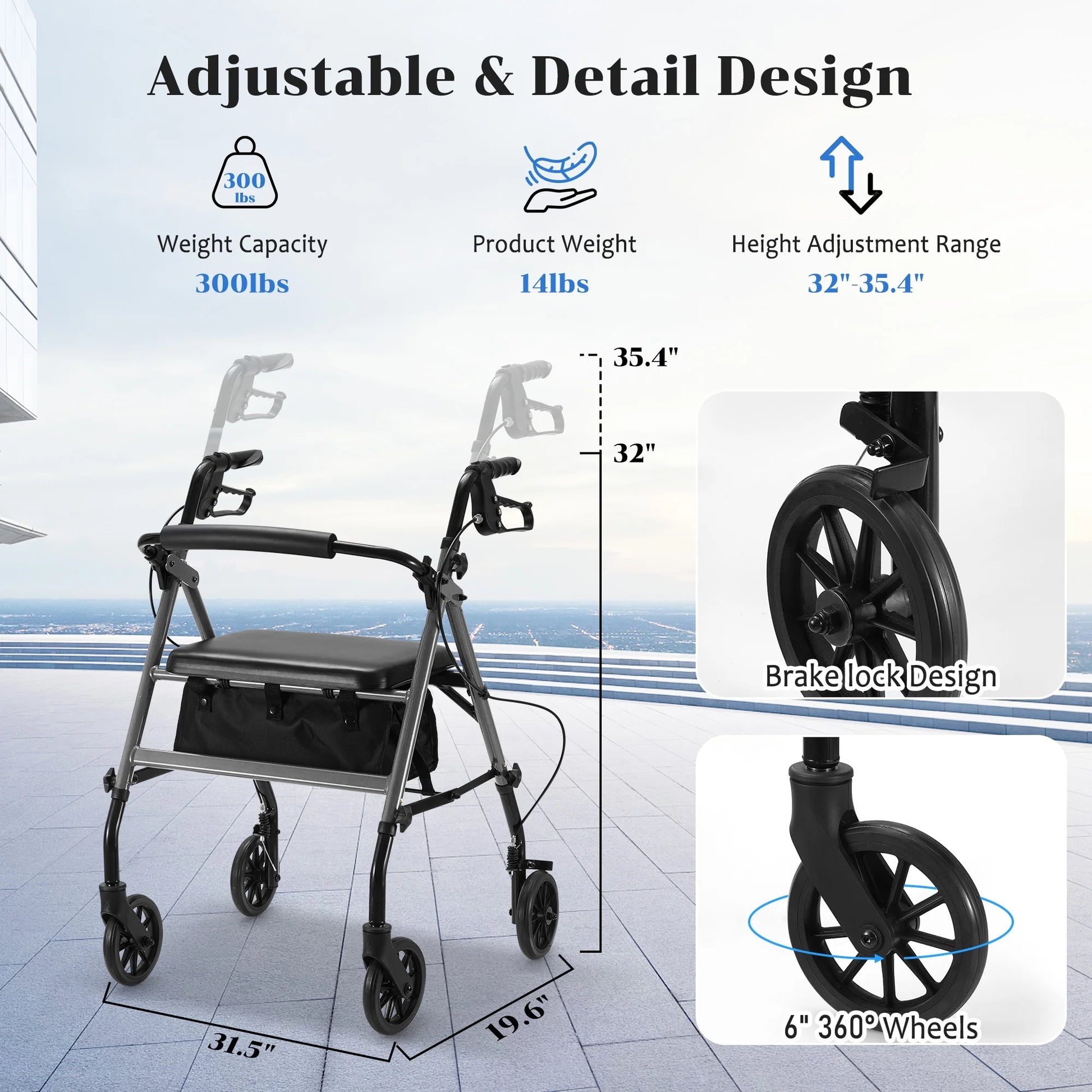 Rolling Walkers for Seniors, Foldable Rollator Walker with Seat and 6 Inch Wheels, Gift for Seniors, 300 Lb Capacity, Aluminum Frame, Gray