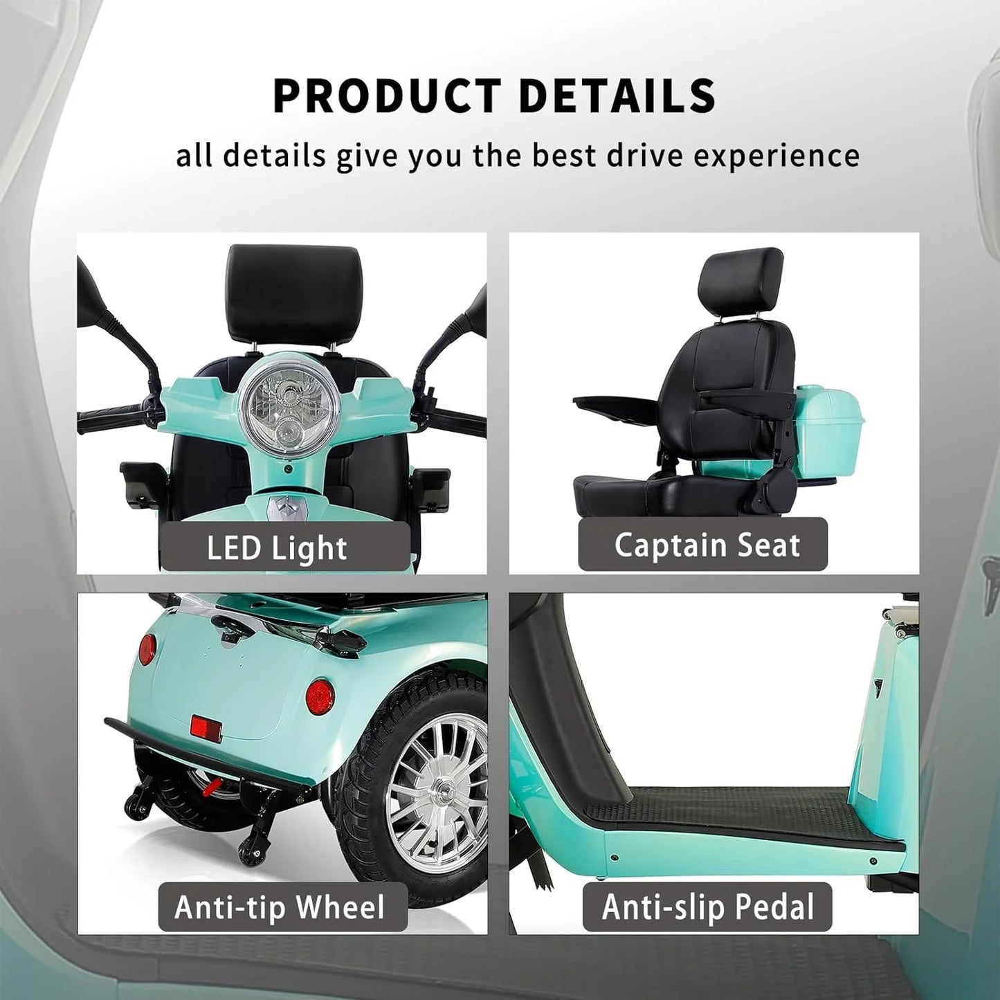 Mobility Scooter with Adjustable Seat & Storage Box, 4-Wheel, 800W Green