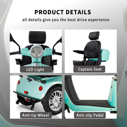 Mobility Scooter with Adjustable Seat & Storage Box, 4-Wheel, 800W Green