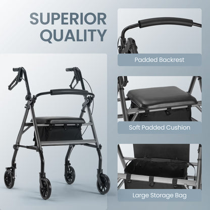 Folding 4 Wheel Rolling Rollator Walker with Seat 6" Wheels for Seniors, Mobility Walker with Adjustable Height, Removable Seat, Lightweight Aluminum, 300Lbs, Gray