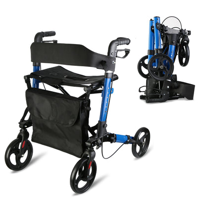 1Pc Aluminum Rollator Walker with Seat Backrest Foldable Rolling Walker with 220LBS Max Load 31-36In Adjustable Height 8In Wheels for Seniors Mobility