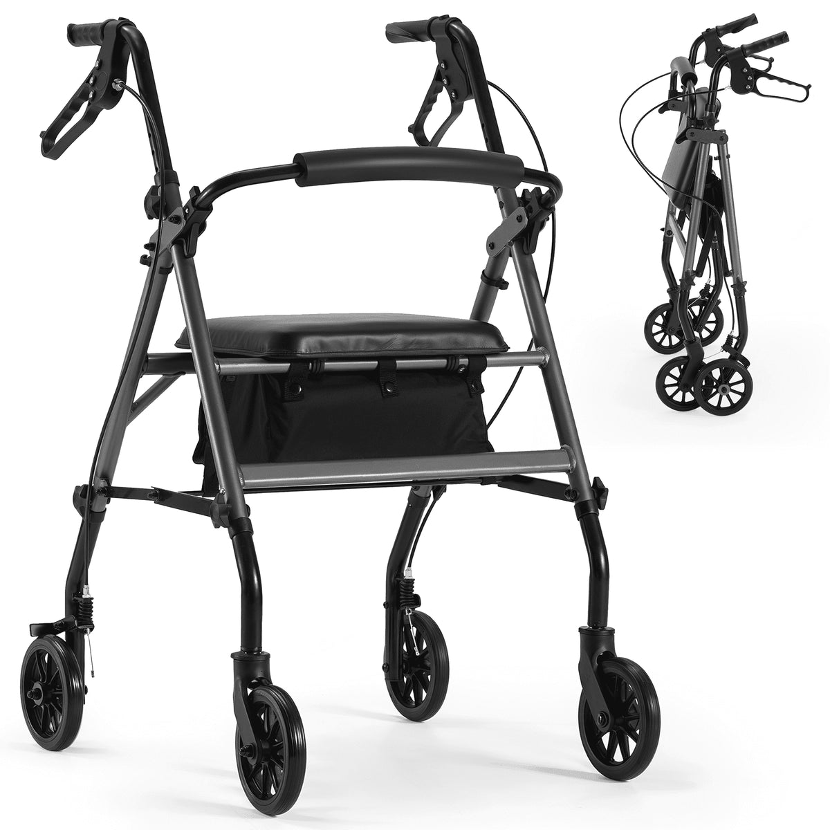 Folding 4 Wheel Rolling Rollator Walker with Seat 6" Wheels for Seniors, Mobility Walker with Adjustable Height, Removable Seat, Lightweight Aluminum, 300Lbs, Gray