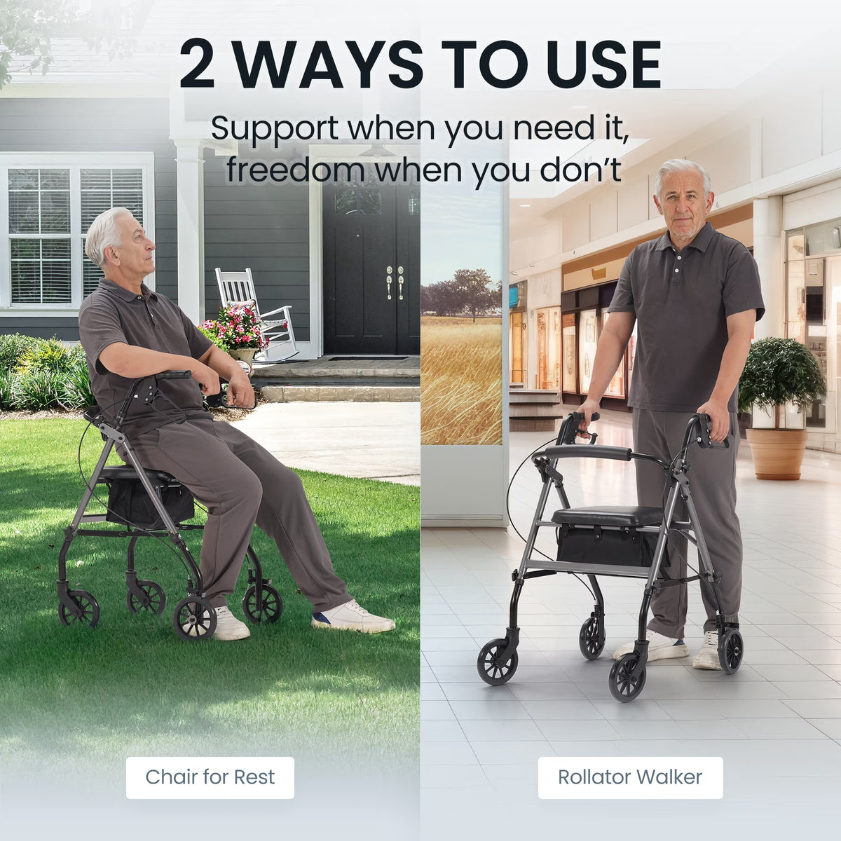Folding 4 Wheel Rolling Rollator Walker with Seat 6" Wheels for Seniors, Mobility Walker with Adjustable Height, Removable Seat, Lightweight Aluminum, 300Lbs, Gray