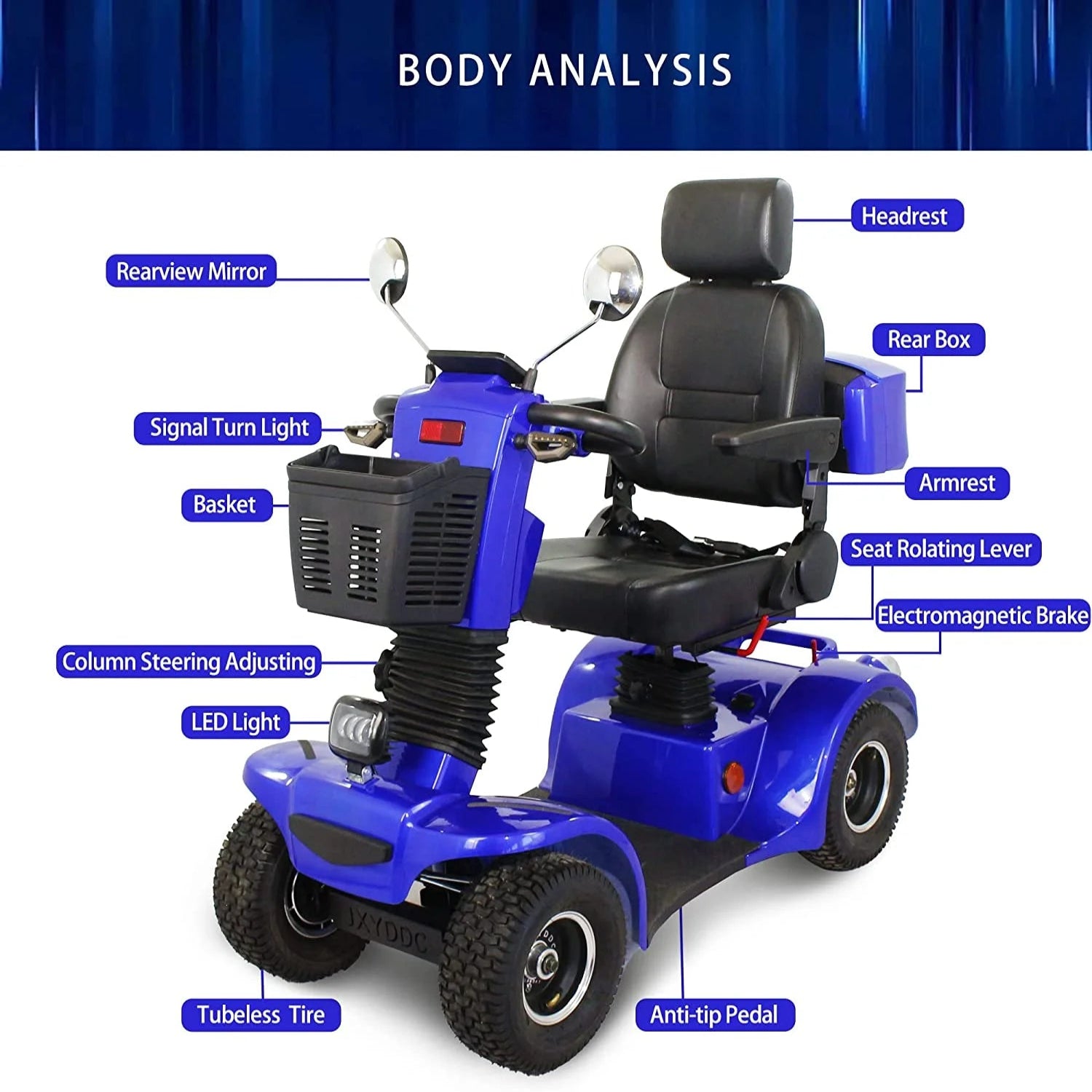 Secure Foldable 4-Wheel Mobility Scooter with Charger & USB Ports, Blue, 350 Lb Limit