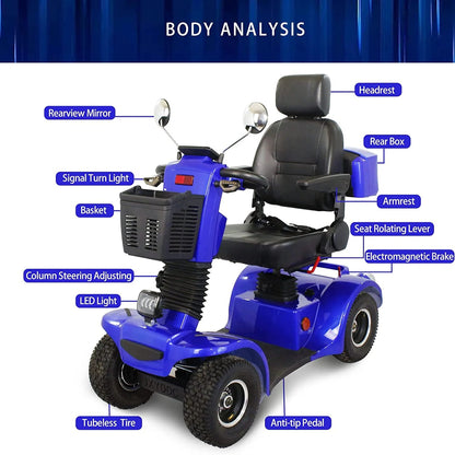 Secure Foldable 4-Wheel Mobility Scooter with Charger & USB Ports, Blue, 350 Lb Limit