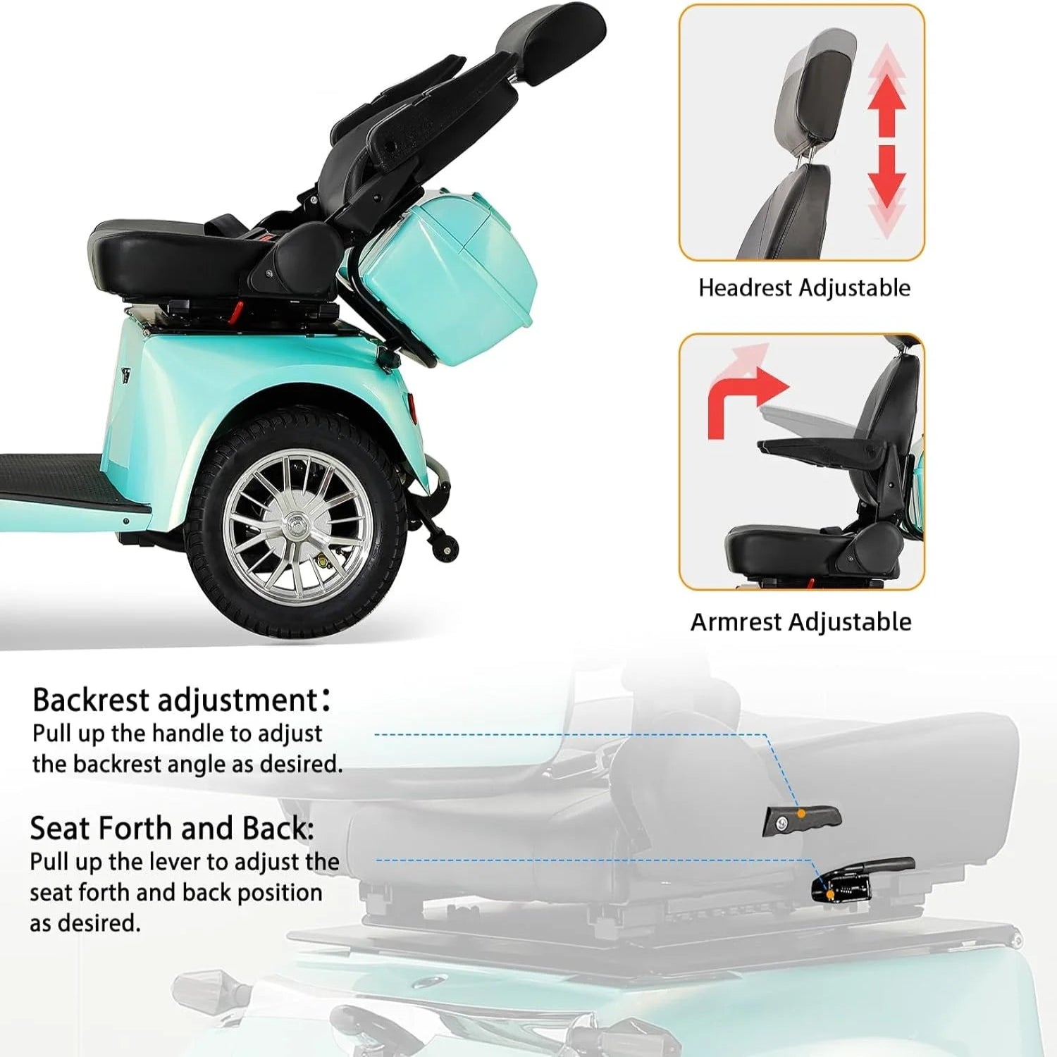 Mobility Scooter with Adjustable Seat & Storage Box, 4-Wheel, 800W Green