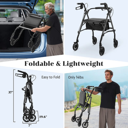 Rolling Walkers for Seniors, Foldable Rollator Walker with Seat and 6 Inch Wheels, Gift for Seniors, 300 Lb Capacity, Aluminum Frame, Gray