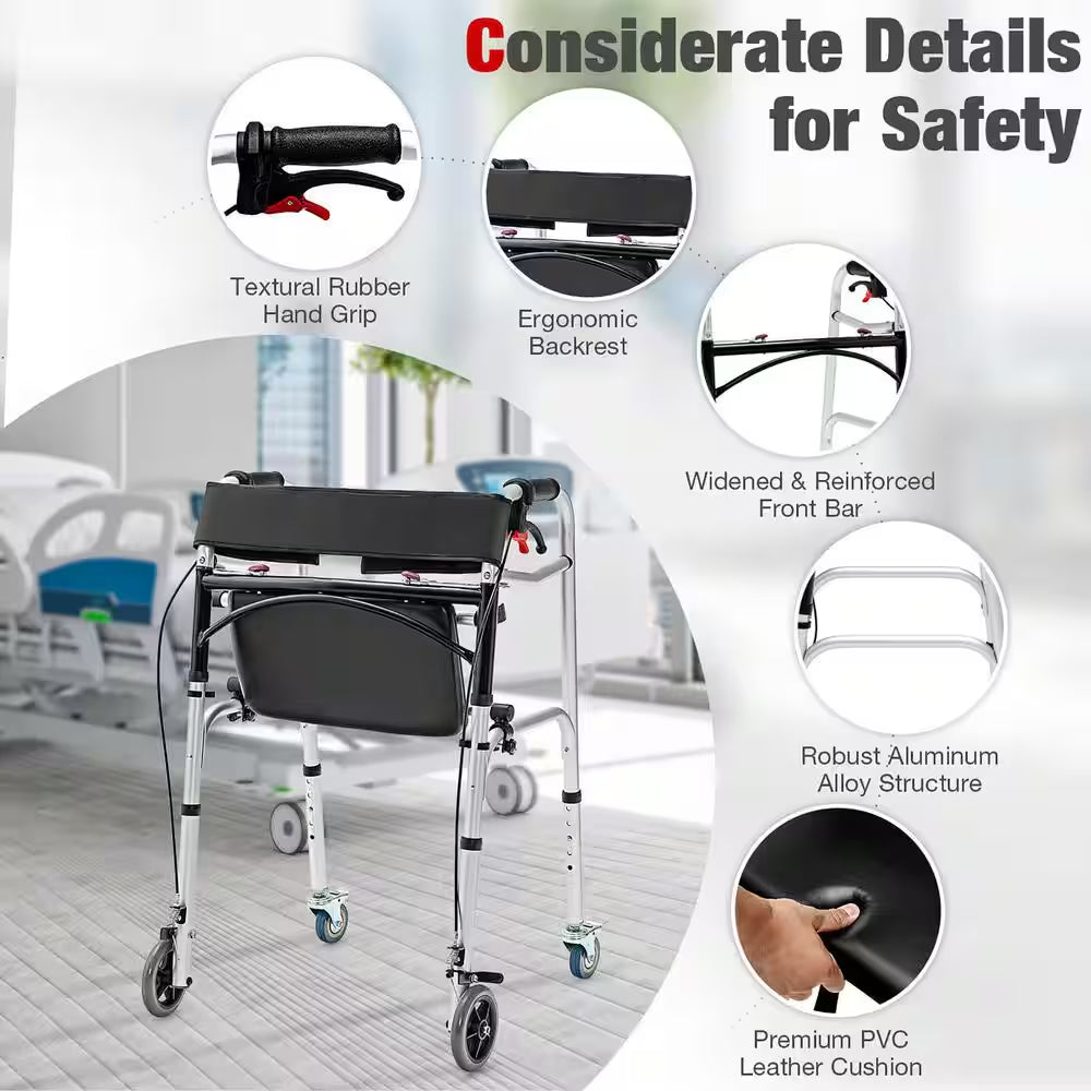 Standard 4-Wheels Rollator Walker 2-Button Folding Walker with 5 In. Wheels Trigger Release for Seniors