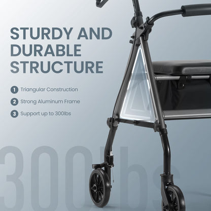 Folding 4 Wheel Rolling Rollator Walker with Seat 6" Wheels for Seniors, Mobility Walker with Adjustable Height, Removable Seat, Lightweight Aluminum, 300Lbs, Gray
