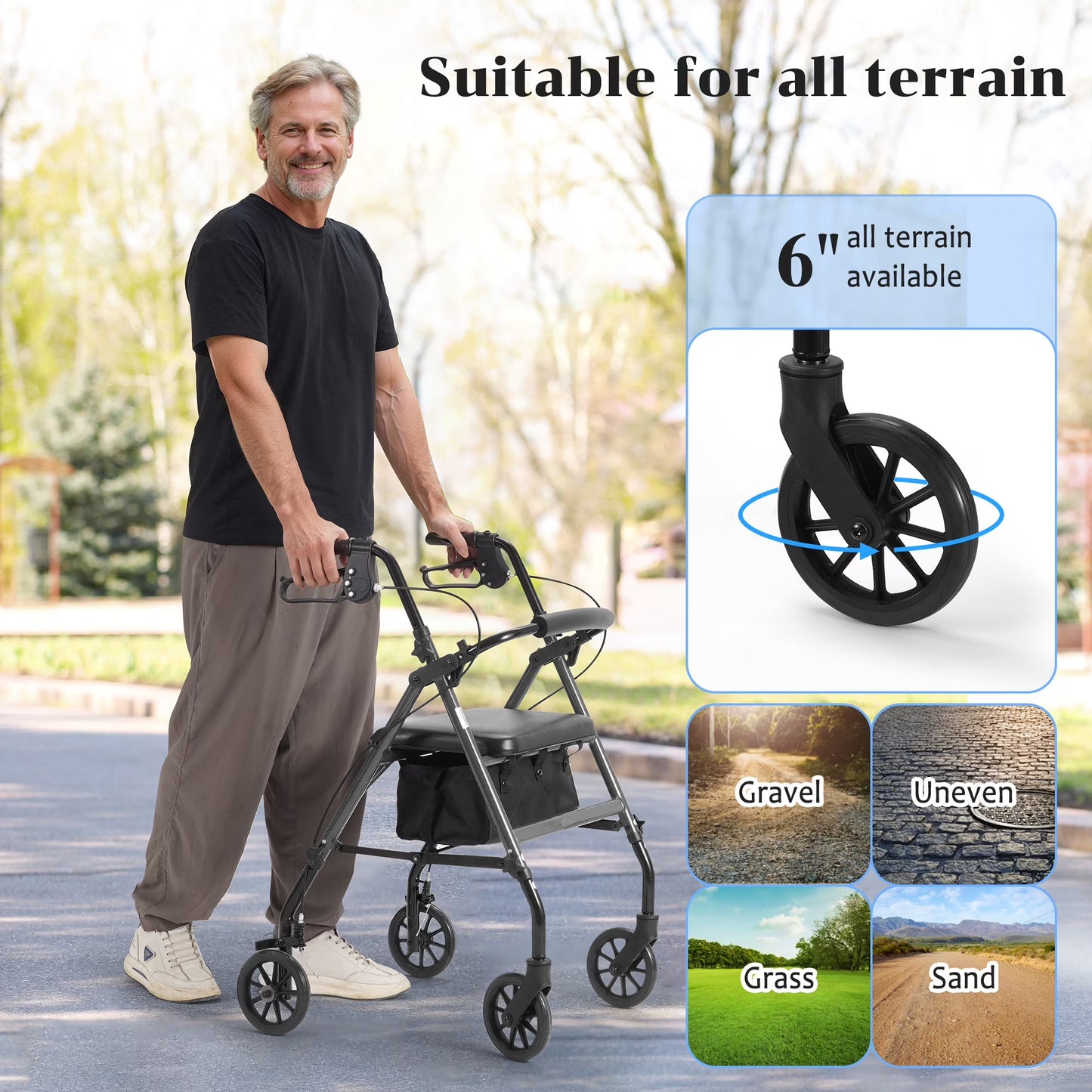 Rolling Walkers for Seniors, Foldable Rollator Walker with Seat and 6 Inch Wheels, Gift for Seniors, 300 Lb Capacity, Aluminum Frame, Gray