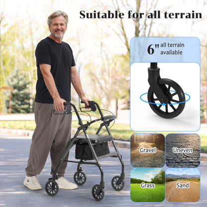 Rolling Walkers for Seniors, Foldable Rollator Walker with Seat and 6 Inch Wheels, Gift for Seniors, 300 Lb Capacity, Aluminum Frame, Gray