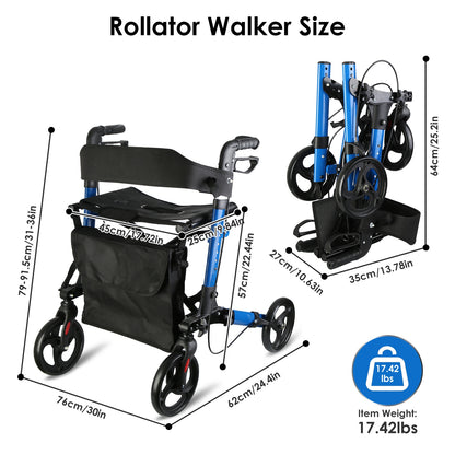 1Pc Aluminum Rollator Walker with Seat Backrest Foldable Rolling Walker with 220LBS Max Load 31-36In Adjustable Height 8In Wheels for Seniors Mobility