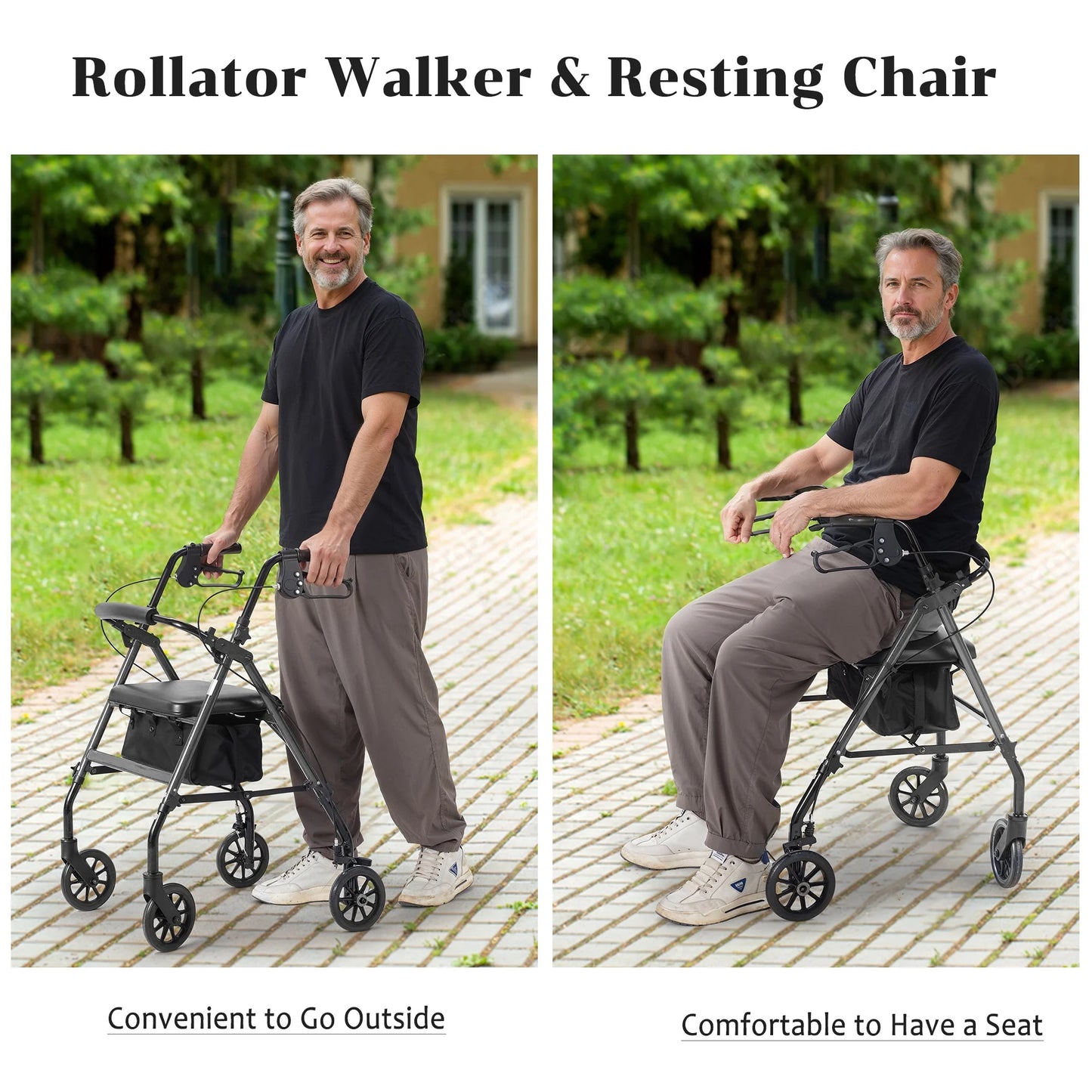 Rolling Walkers for Seniors, Foldable Rollator Walker with Seat and 6 Inch Wheels, Gift for Seniors, 300 Lb Capacity, Aluminum Frame, Gray
