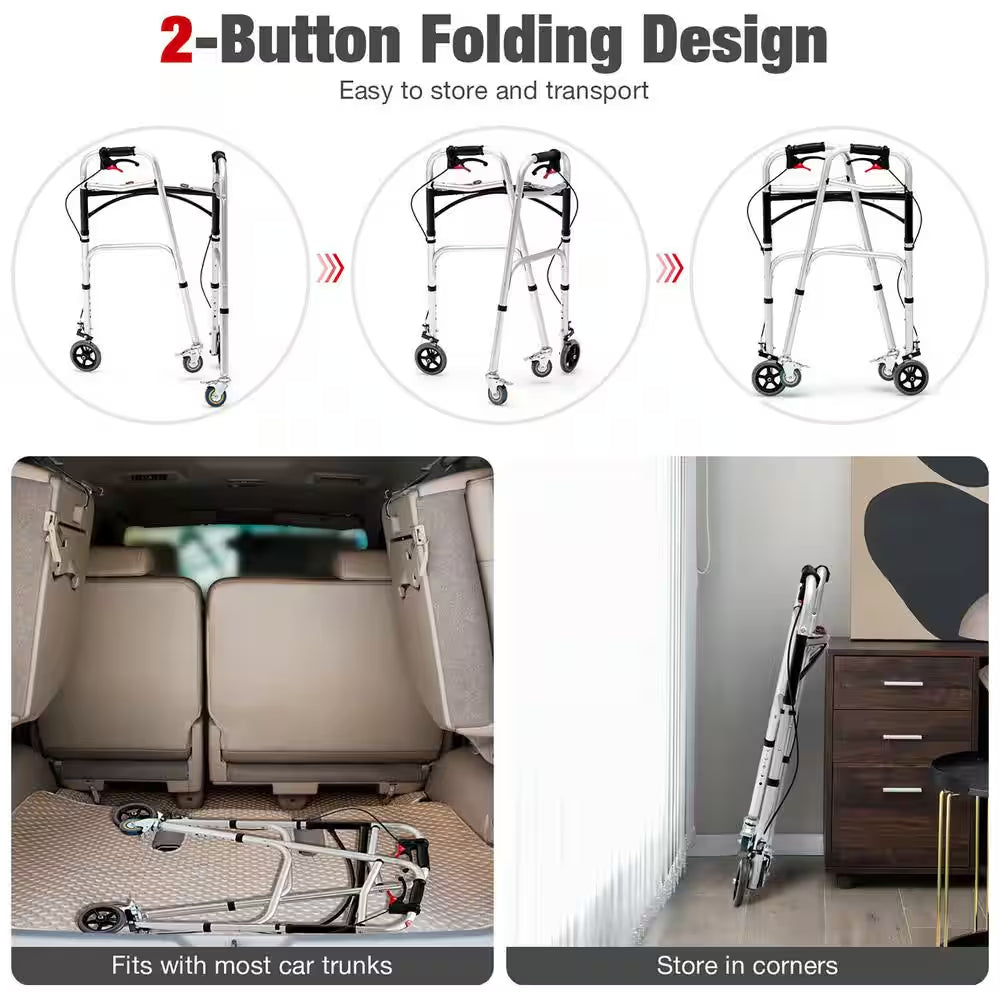 Standard 4-Wheels Rollator Walker 2-Button Folding Walker with 5 In. Wheels Trigger Release for Seniors