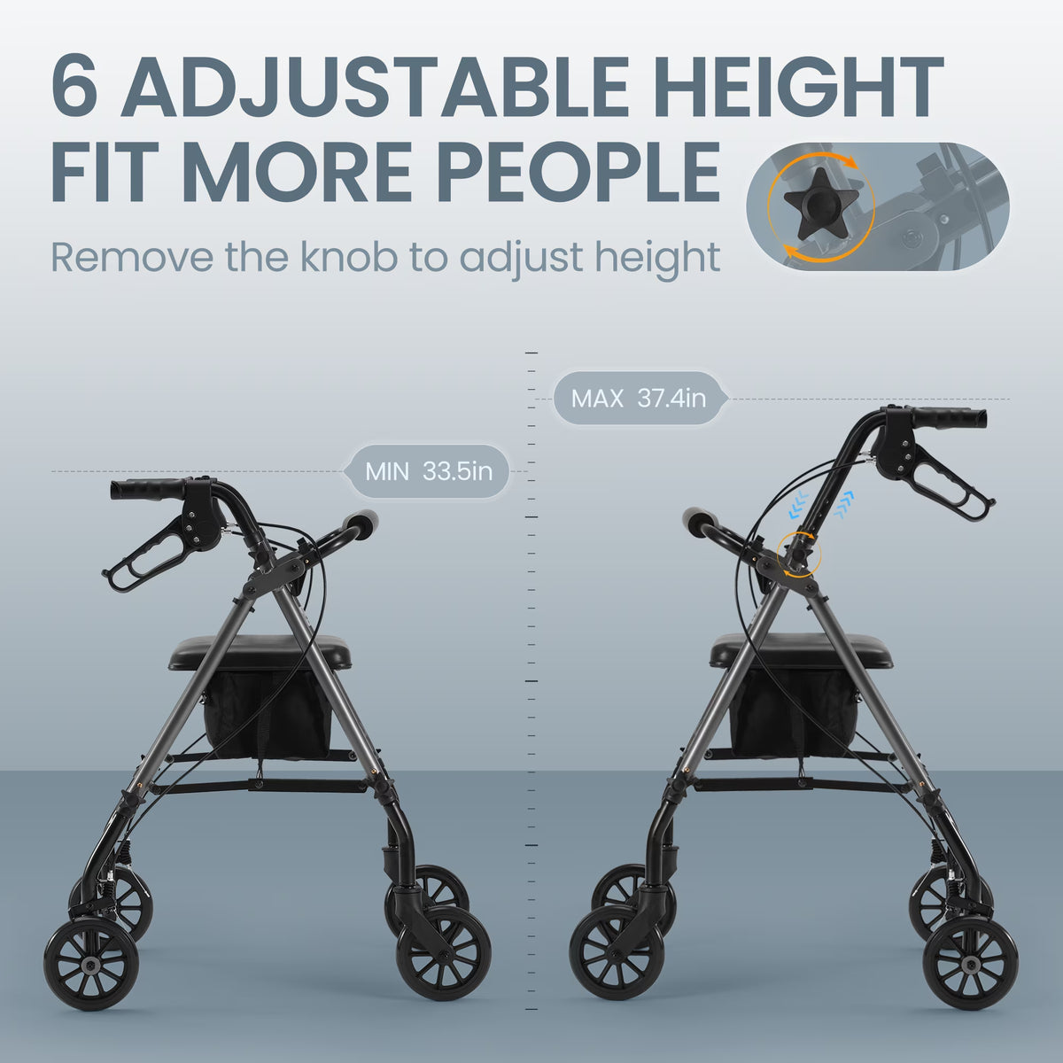 Folding 4 Wheel Rolling Rollator Walker with Seat 6" Wheels for Seniors, Mobility Walker with Adjustable Height, Removable Seat, Lightweight Aluminum, 300Lbs, Gray