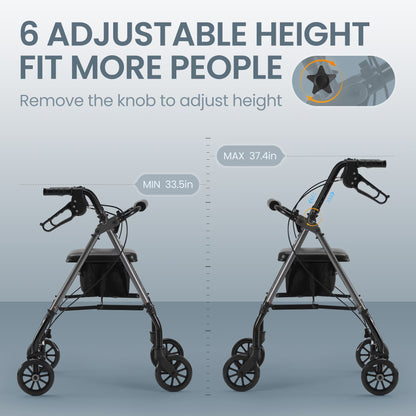 Folding 4 Wheel Rolling Rollator Walker with Seat 6" Wheels for Seniors, Mobility Walker with Adjustable Height, Removable Seat, Lightweight Aluminum, 300Lbs, Gray
