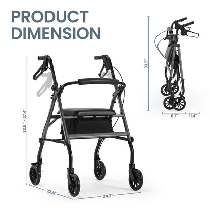 Folding 4 Wheel Rolling Rollator Walker with Seat 6" Wheels for Seniors, Mobility Walker with Adjustable Height, Removable Seat, Lightweight Aluminum, 300Lbs, Gray