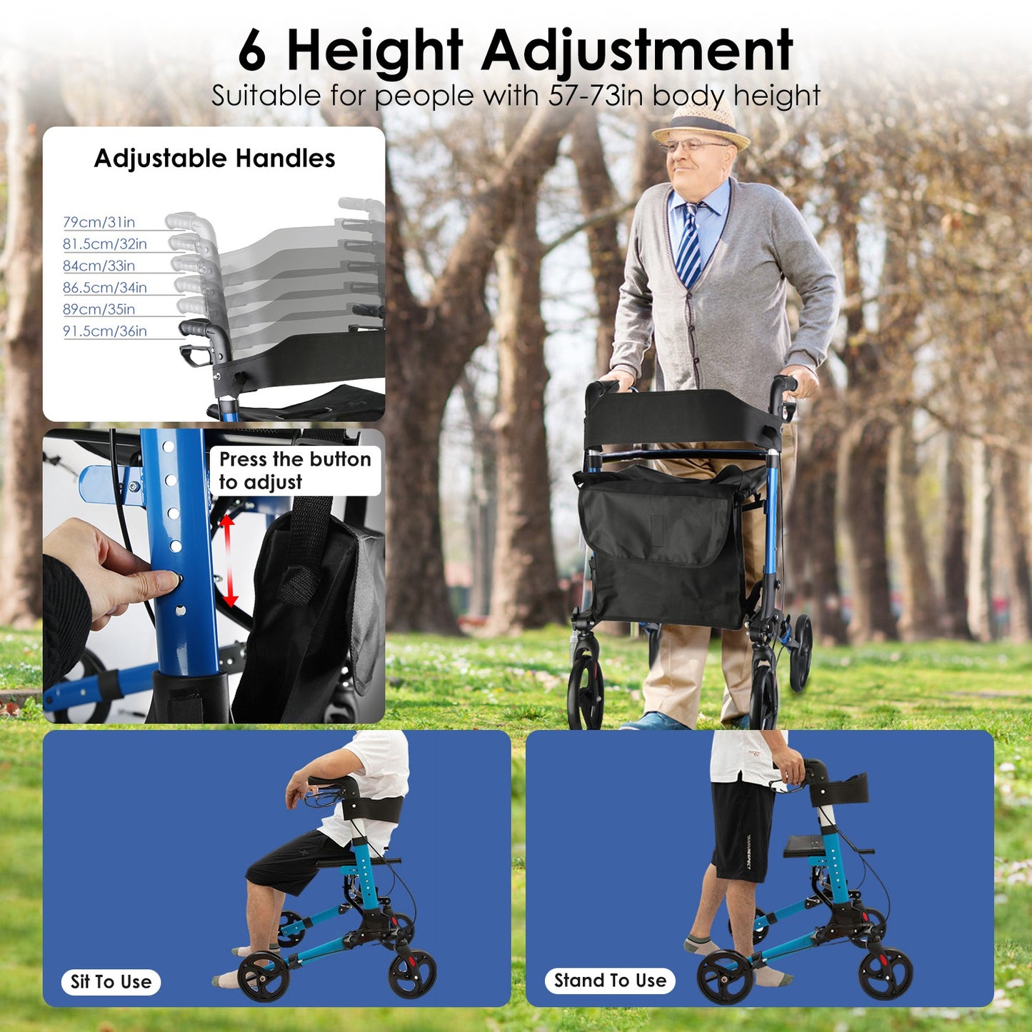 1Pc Aluminum Rollator Walker with Seat Backrest Foldable Rolling Walker with 220LBS Max Load 31-36In Adjustable Height 8In Wheels for Seniors Mobility