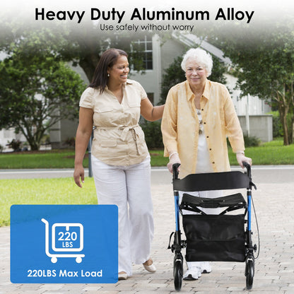 1Pc Aluminum Rollator Walker with Seat Backrest Foldable Rolling Walker with 220LBS Max Load 31-36In Adjustable Height 8In Wheels for Seniors Mobility