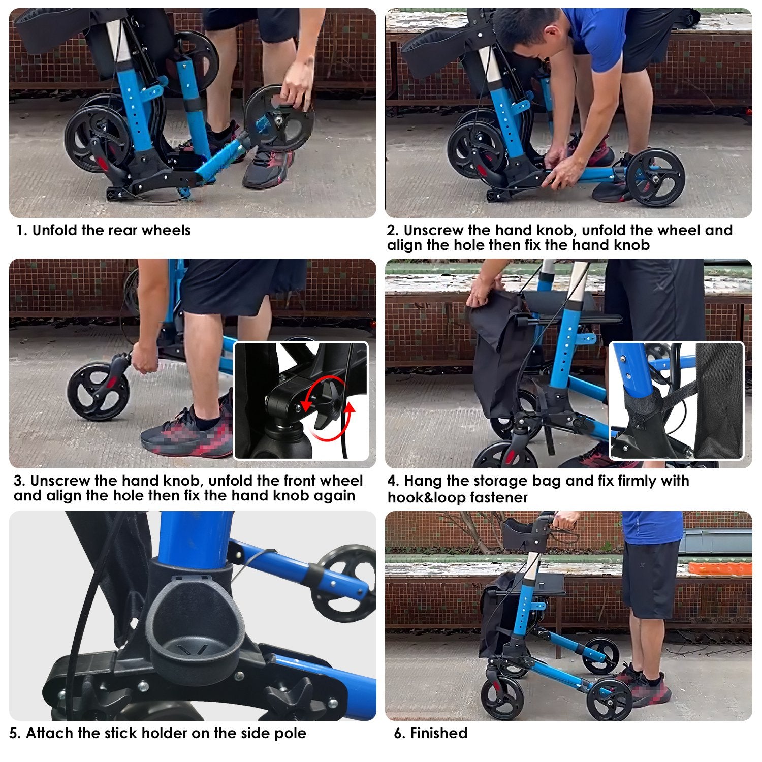 1Pc Aluminum Rollator Walker with Seat Backrest Foldable Rolling Walker with 220LBS Max Load 31-36In Adjustable Height 8In Wheels for Seniors Mobility