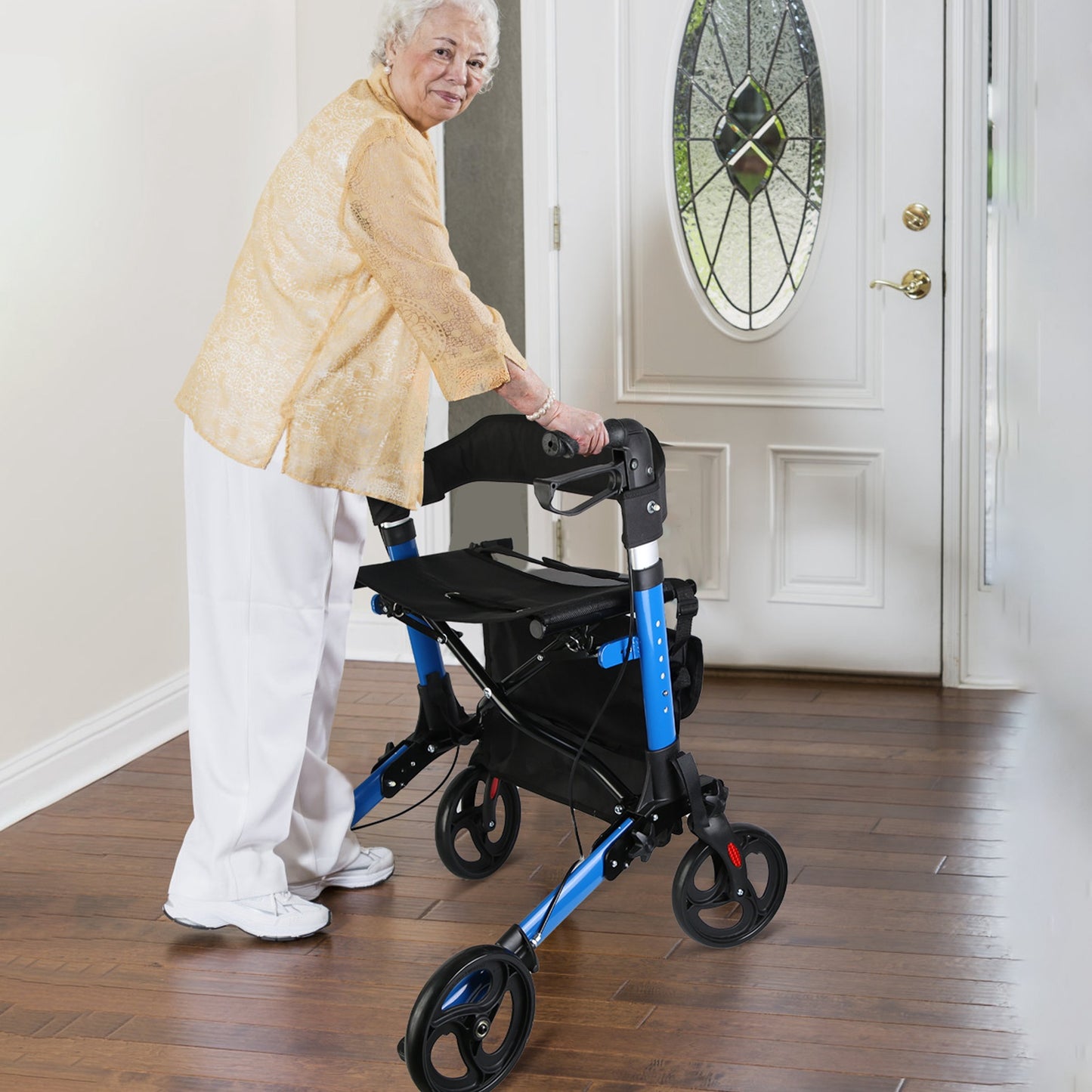 1Pc Aluminum Rollator Walker with Seat Backrest Foldable Rolling Walker with 220LBS Max Load 31-36In Adjustable Height 8In Wheels for Seniors Mobility